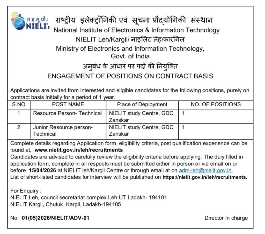 National Institute of Electronics and Information Technology (NIELIT) Kargil invites applications from interested candidates for engagement against various openings purely on contractual basis.