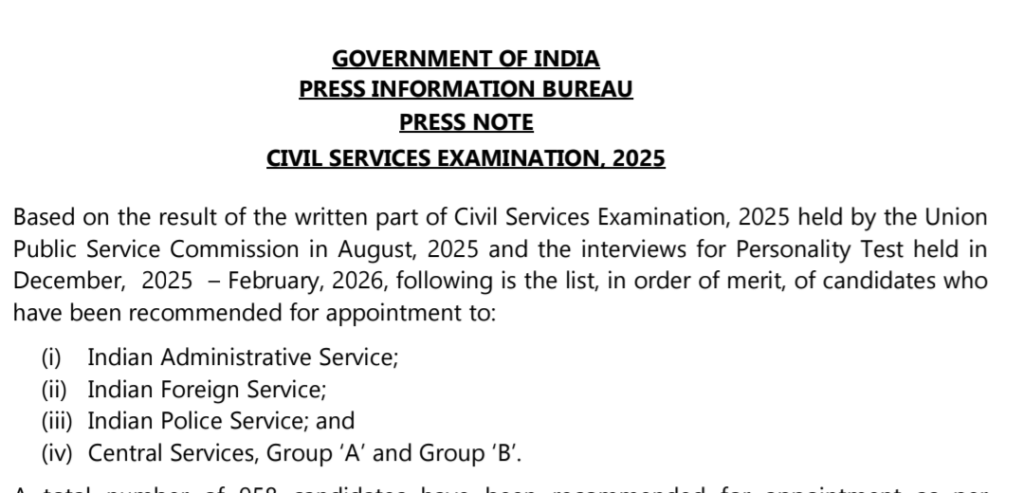 The UPSC has declared the final results of the CSE 2025 Today.