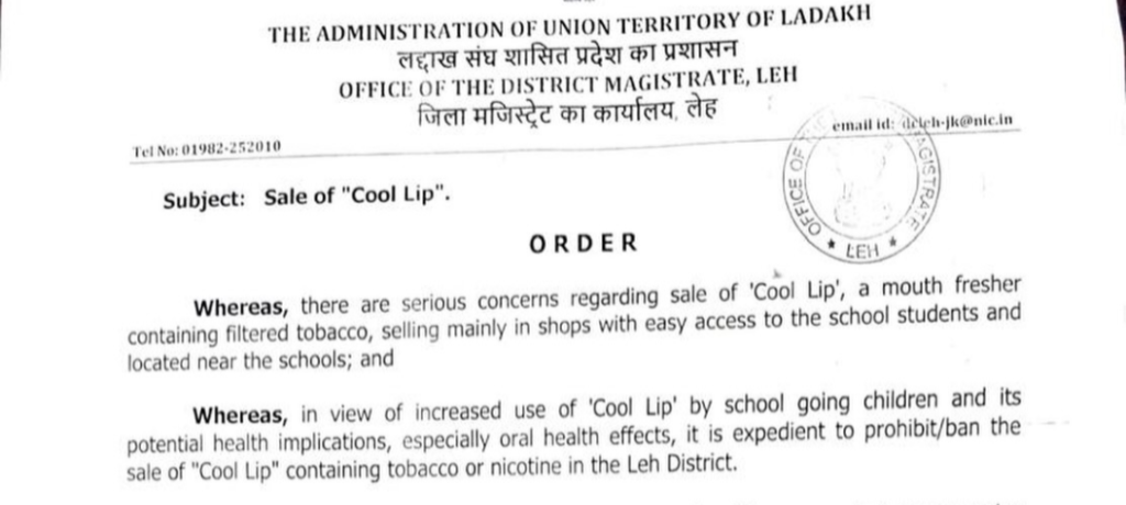 Leh District Bans Storage, Sale, and Distribution of “Cool Lip” with Immediate Effect.
