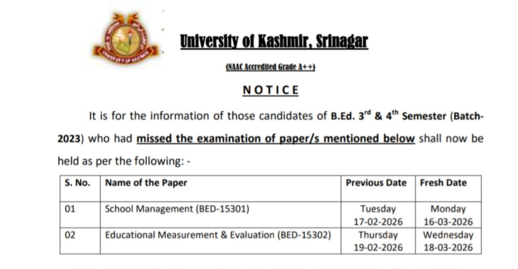 University of Kashmir Announces Revised Dates for B.Ed 3rd & 4th Semester Missed Examinations