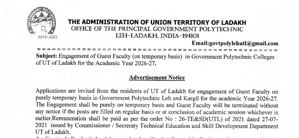 Engagement of Guest Faculty on temporary basis in Government Polytechnic Colleges of UT of Ladakh for the Academic year 2026-27.