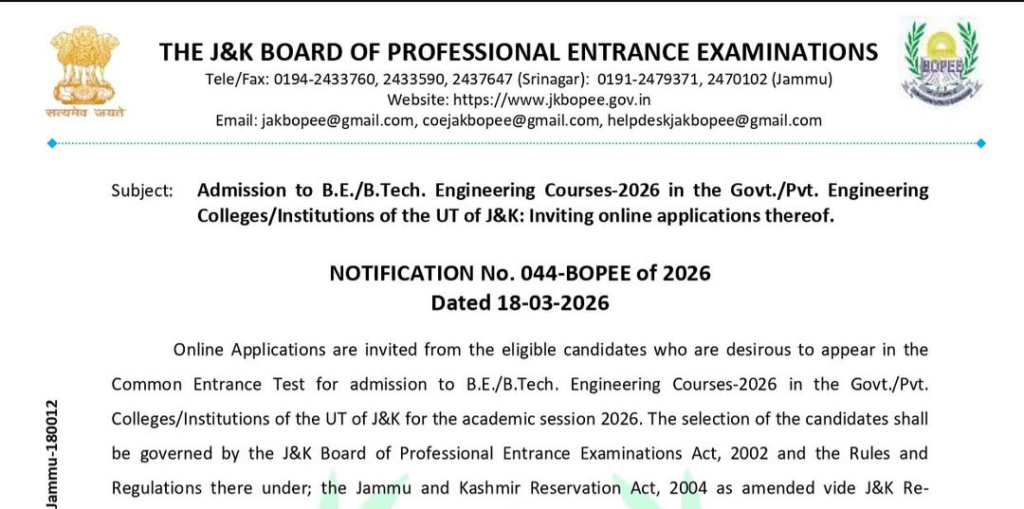 Admission to B.E./B.Tech. Engineering Courses–2026 in Government/Private Engineering Colleges of UT of J&K: Online Applications Invited