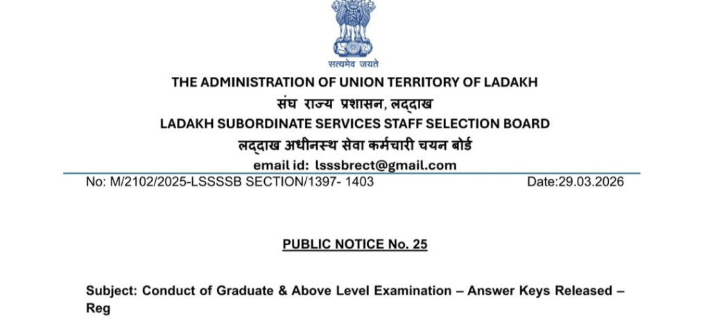 Ladakh Subordinate Services Staff Selection Board Releases Provisional Answer Keys for Graduate & Above Level Examination