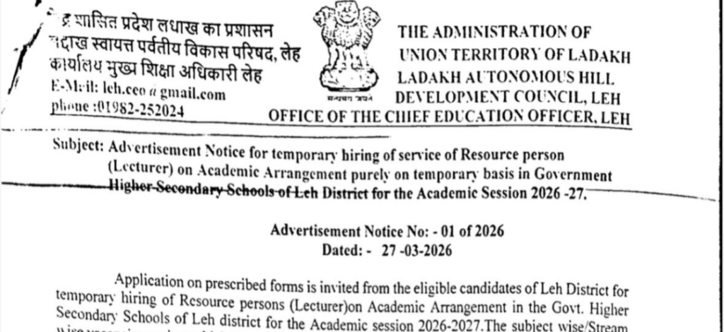 Leh Education Department Invites Applications for 41 Lecturer Posts Under Academic Arrangement for 2026–27
