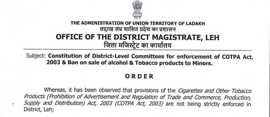 District-Level Committees Constituted for Enforcement of COTPA Act, 2003 and Protection of Minors