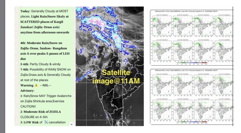 Weather Update for Ladakh: Cloudy Conditions with Rain and Snow Expected