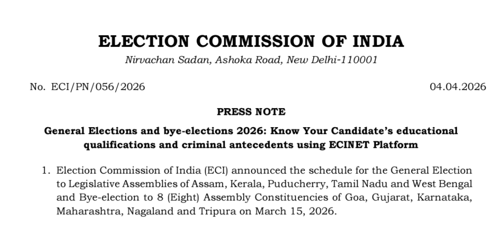 ECI Urges Voters to Use ECINet Platform for Candidate Information and Election Services in 2026 Polls