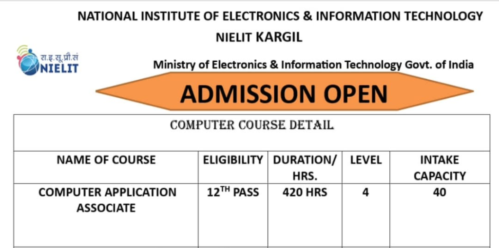 NIELIT Kargil Announces Admission Open for Computer Courses 2026