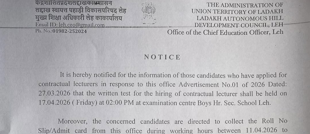 Written Test for Contractual Lecturer Posts Scheduled on April 17 in Leh