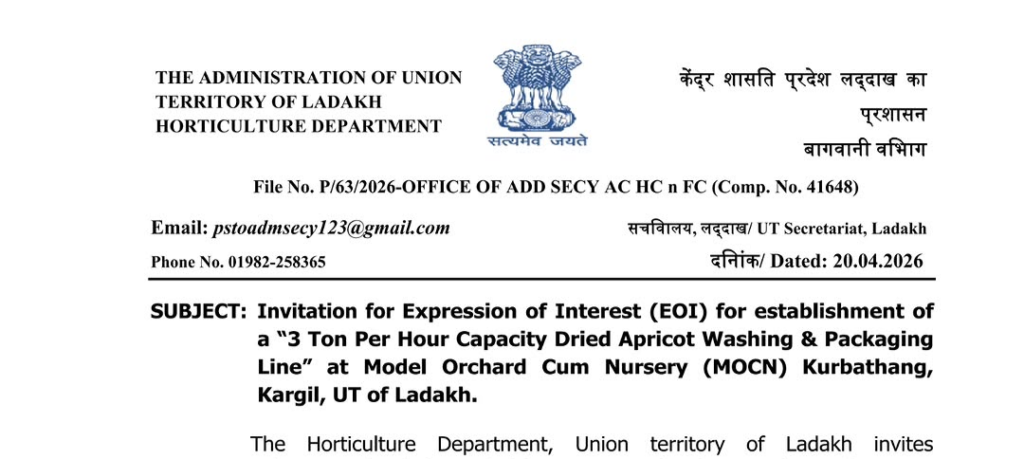 Ladakh Invites EOI for 3 TPH Dried Apricot Washing & Packaging Line in Kargil