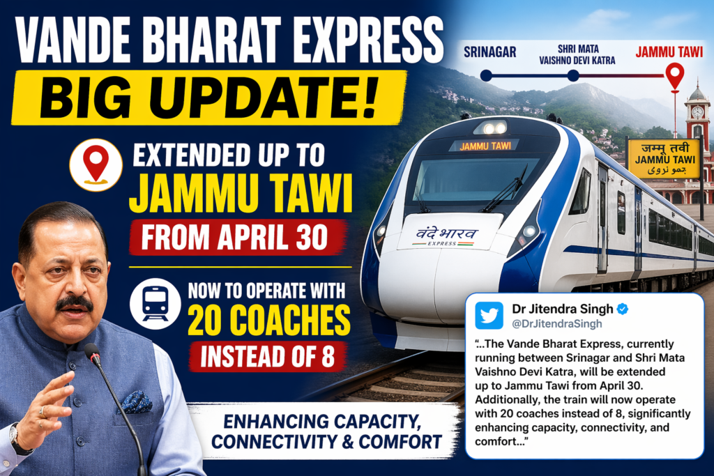 Vande Bharat Express to Extend Service up to Jammu Tawi from April 30; Capacity Increased to 20 Coaches