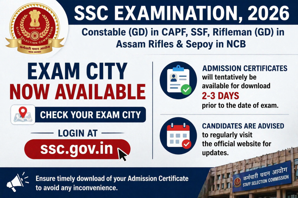 SSC GD Constable Examination 2026: Exam City Details Released