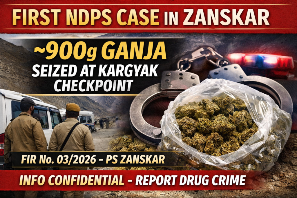 First NDPS Case Registered in Zanskar; ~900g Ganja Seized at Kargyak Checkpoint