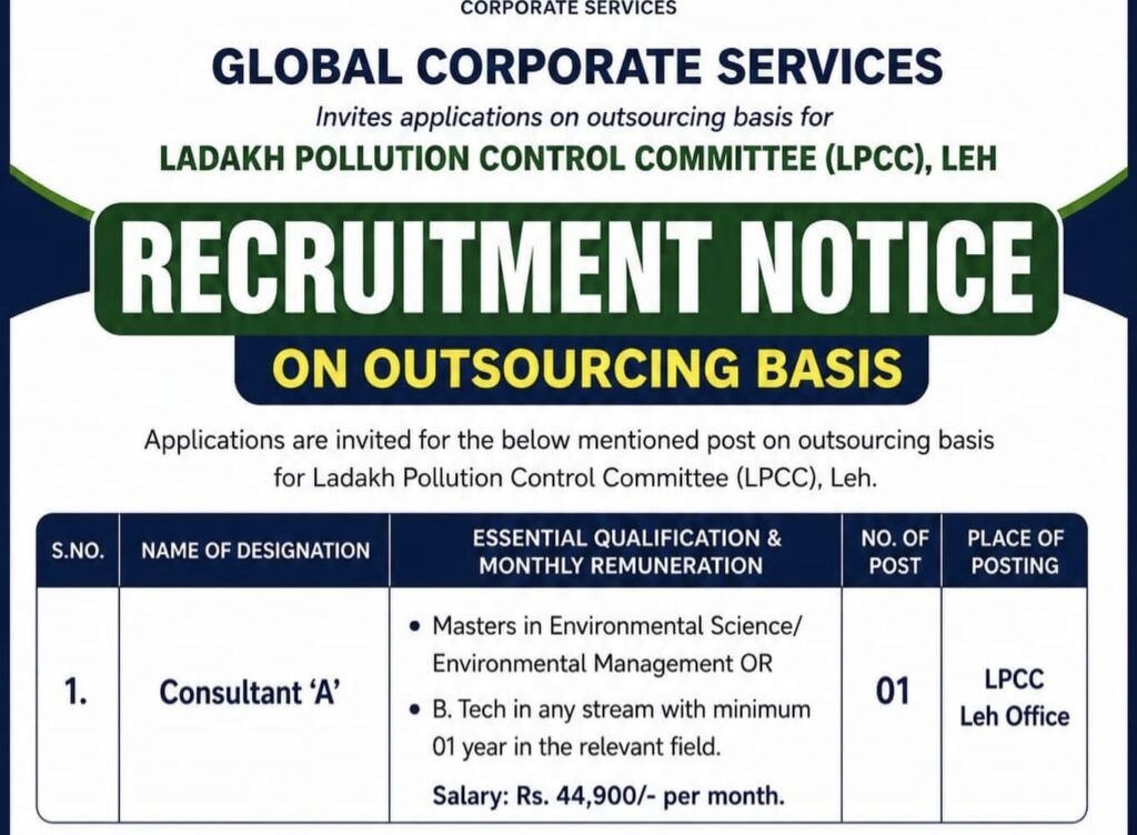 Applications are invited for the mentioned post on outsourcing basis for Ladakh Pollution Control Committee (LPCC), Leh.