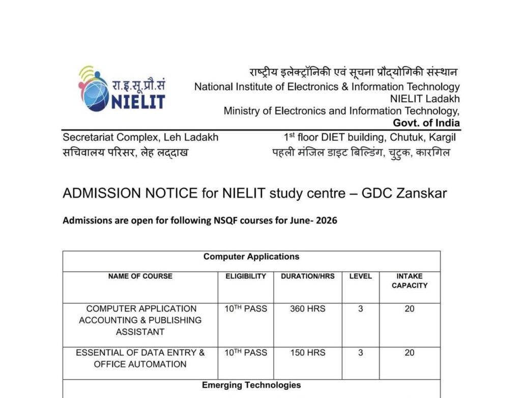 Admissions open at NIELIT Study Centre – Government Degree College Zanskar for NSQF courses (June 2026)