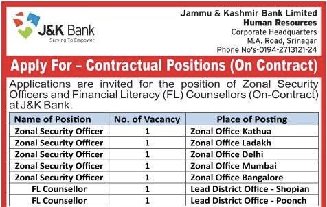 Applications are invited for the position of Zonal Security Officers and Financial Literacy (FL) Counsellors (On Contract) at J& K Bank. 