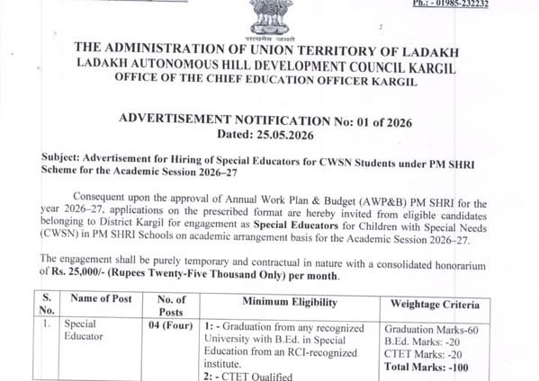 Advertisement for Hiring of Special Educators for CWSN Students under PM SHRI Scheme for the Academic Session 2026-27.