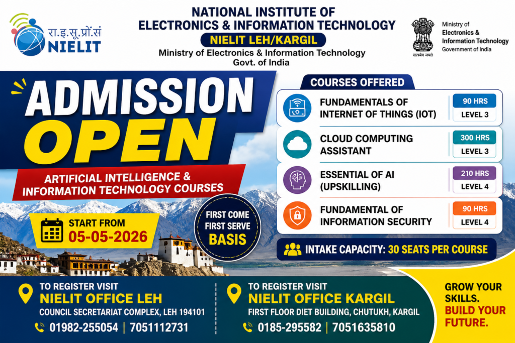 Admissions Open for AI & IT Courses at NIELIT Leh/Kargil