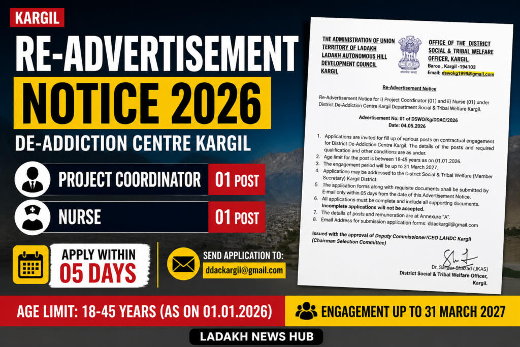 Applications Invited for Project Coordinator and Nurse Posts in Kargil