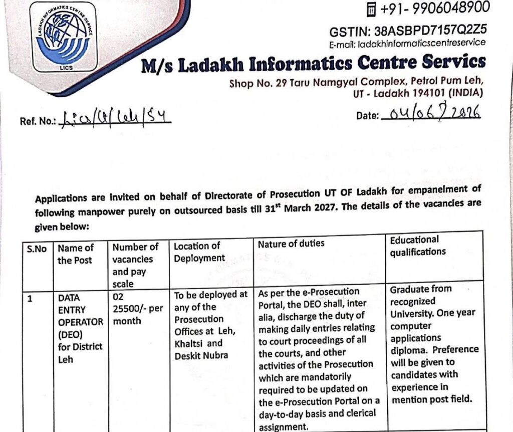 Applications are invited for outsourced positions under the Directorate of Prosecution, UT Ladakh, till 31 March 2027. Vacancies include Data Entry Operators (Leh & Kargil) and Safai Wala (Leh).